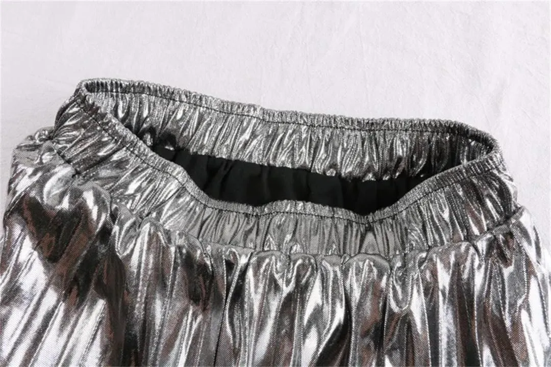 Autumn Winter High Waist A-Line Midi Pleated Skirt Women Gold Silver Elegant Long Skirts