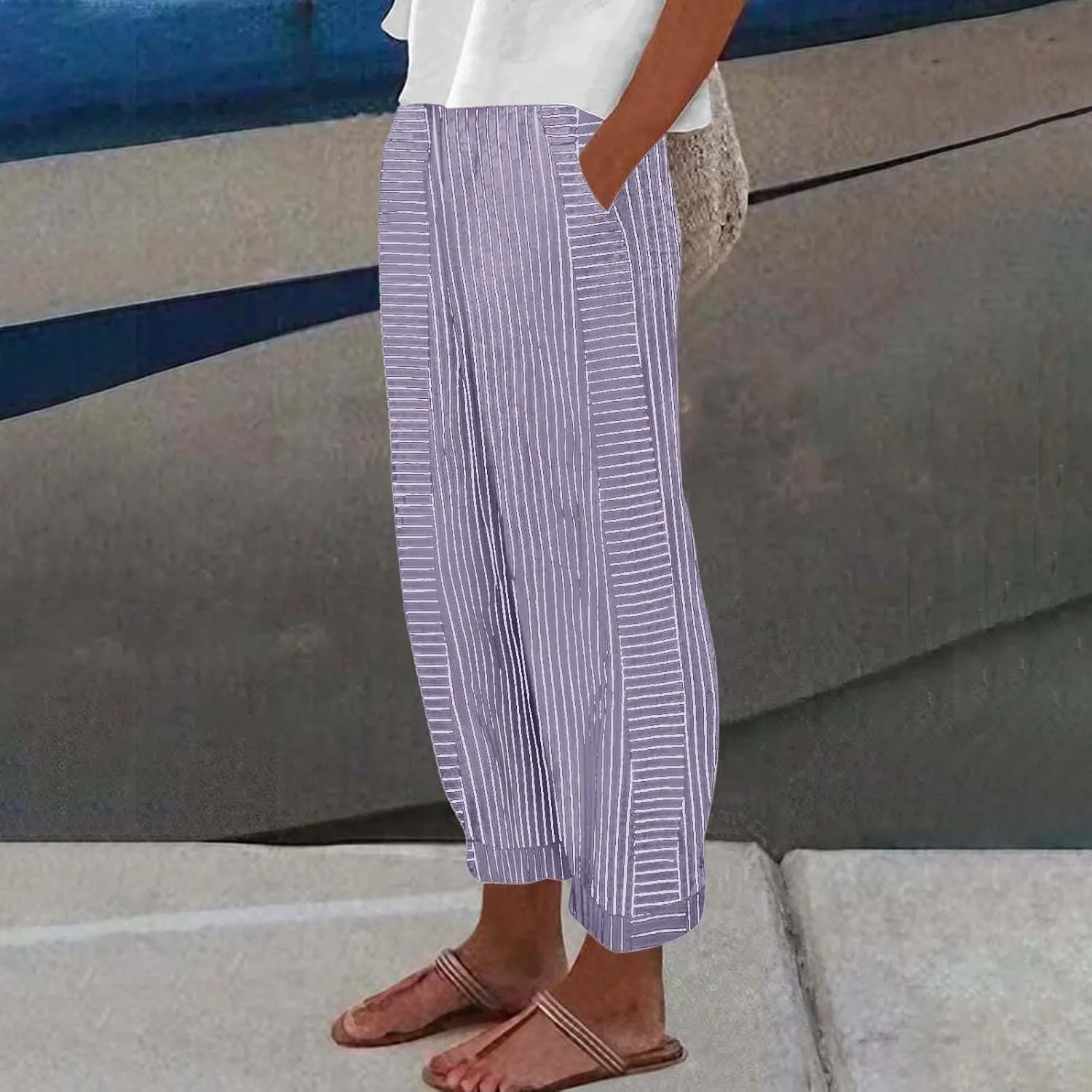 Beach Vacation Clothes for Women Elastic Waist Side Back Four Pockets 9/10 Pants Petite Summer Beachwear
