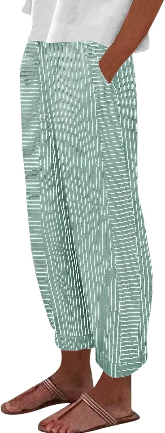 Beach Vacation Clothes for Women Elastic Waist Side Back Four Pockets 9/10 Pants Petite Summer Beachwear