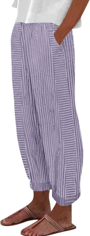 Beach Vacation Clothes for Women Elastic Waist Side Back Four Pockets 9/10 Pants Petite Summer Beachwear