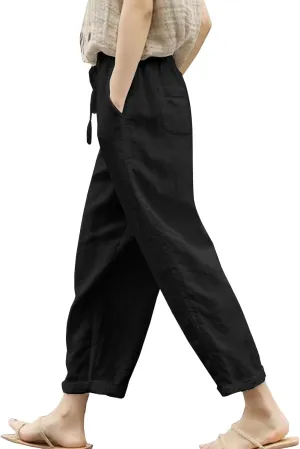 Black Leggings Women Color Cotton Linen Elastic Seven Pants Beach Casual Pants Loose Cotton Linen Palazzo