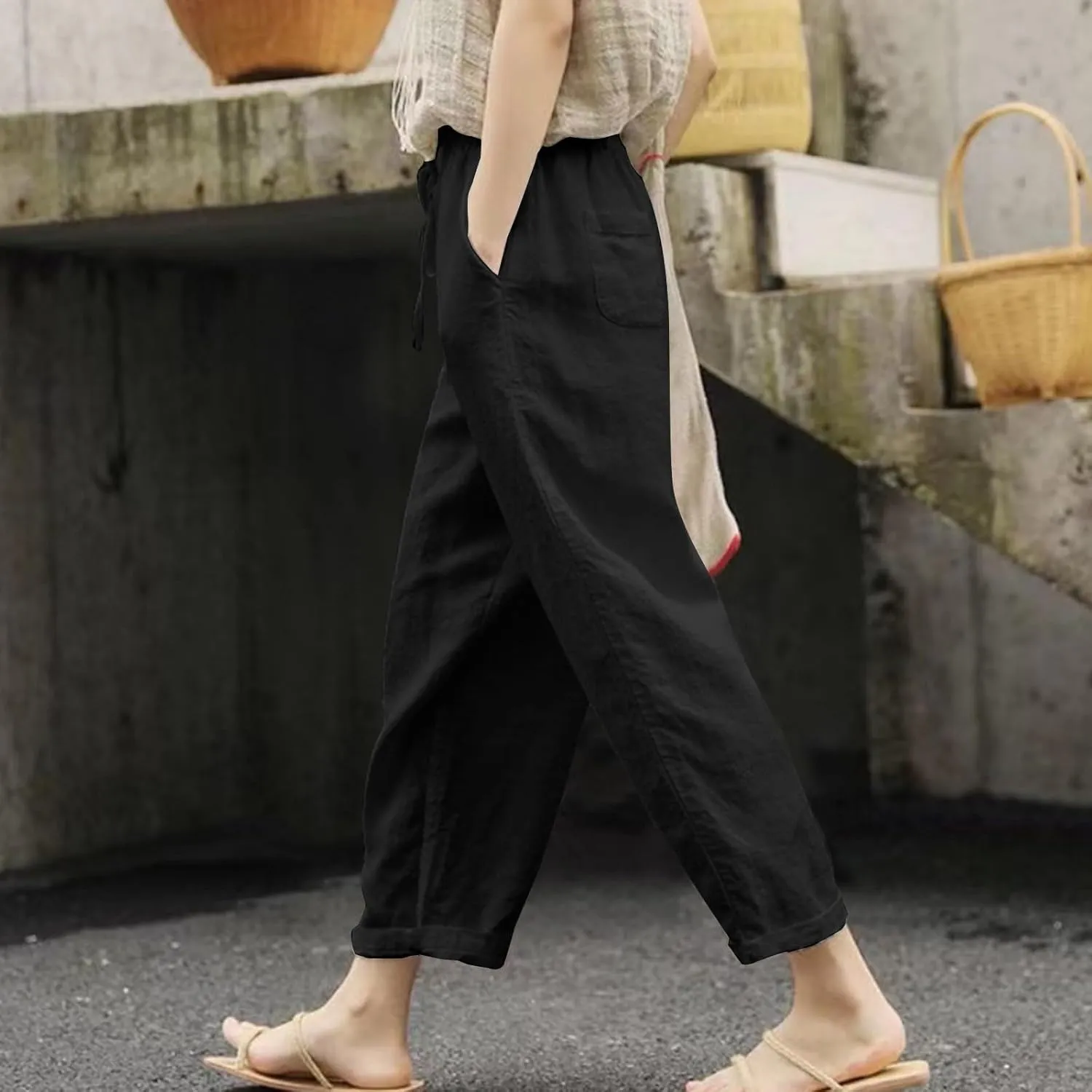 Black Leggings Women Color Cotton Linen Elastic Seven Pants Beach Casual Pants Loose Cotton Linen Palazzo