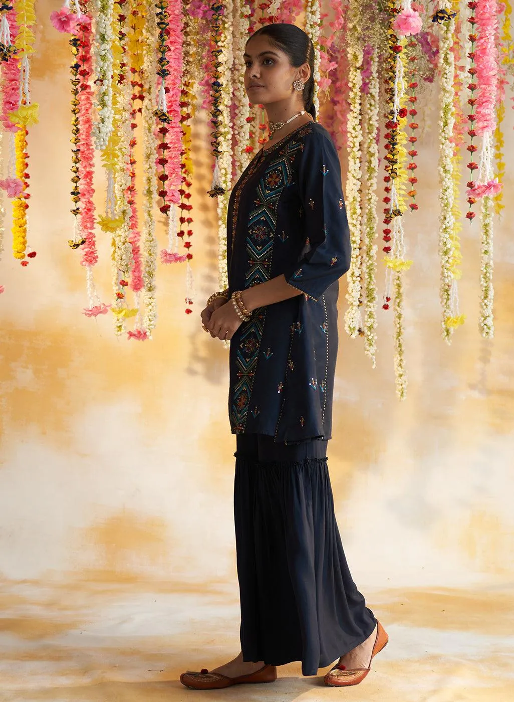 Blue Kurta Set With Multi-Colour Embroidery