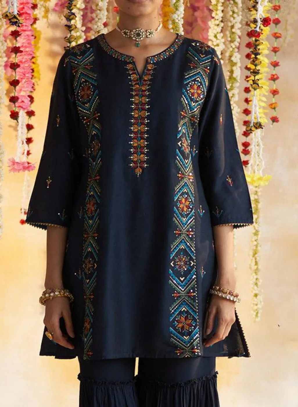 Blue Kurta Set With Multi-Colour Embroidery