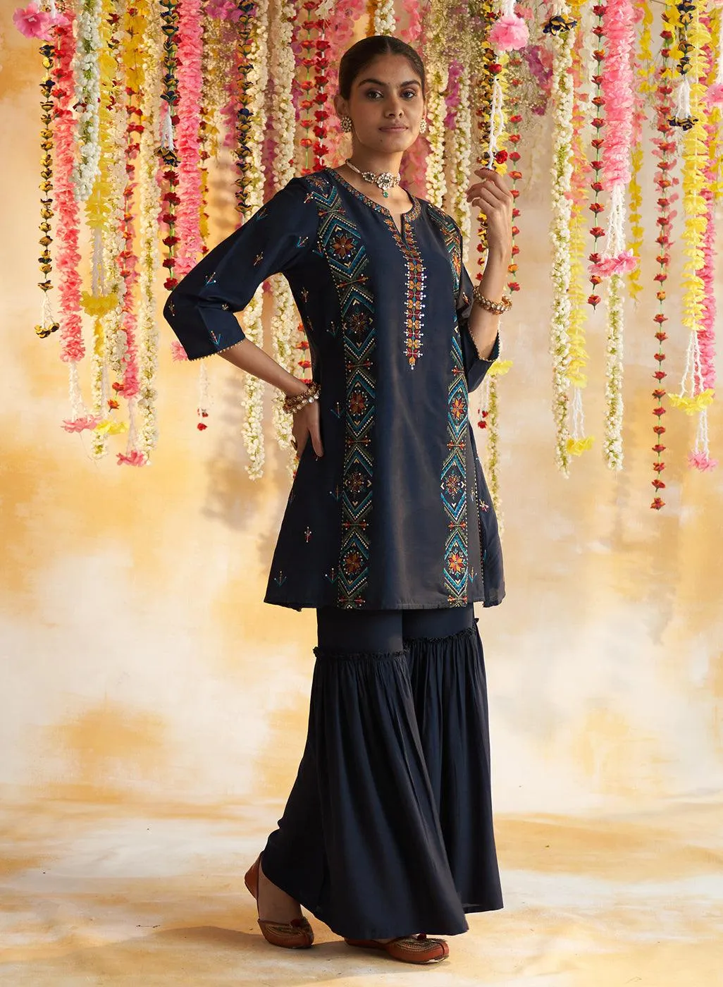 Blue Kurta Set With Multi-Colour Embroidery