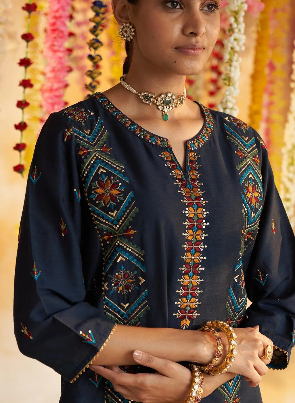 Blue Kurta Set With Multi-Colour Embroidery