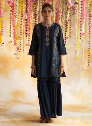 Blue Kurta Set With Multi-Colour Embroidery