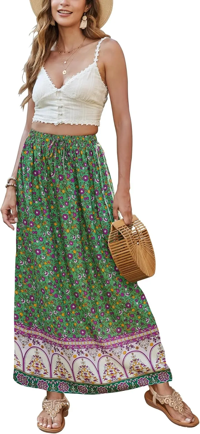 Bluetime Women Floral Print Long Skirt Boho Summer Pleated Elastic High Waisted Casual Maxi Skirt