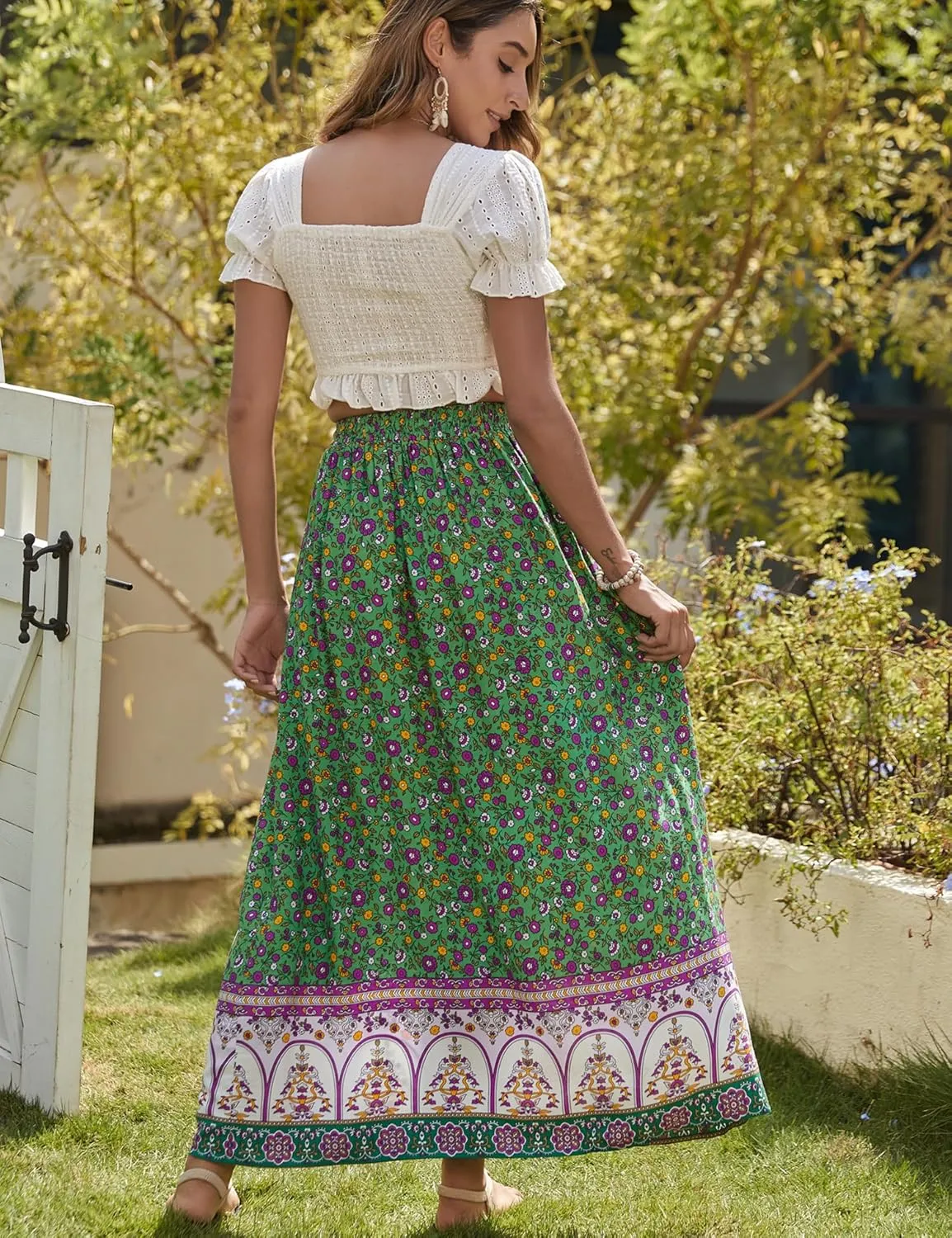 Bluetime Women Floral Print Long Skirt Boho Summer Pleated Elastic High Waisted Casual Maxi Skirt