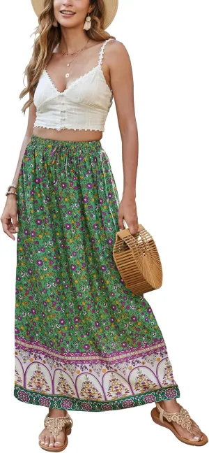 Bluetime Women Floral Print Long Skirt Boho Summer Pleated Elastic High Waisted Casual Maxi Skirt
