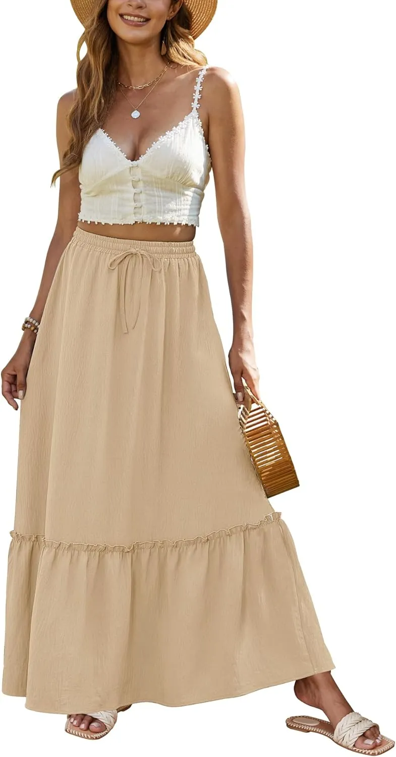 Bluetime Women Flowy Long Skirt Summer Pleated Elastic High Waisted Casual Tiered Maxi Skirt