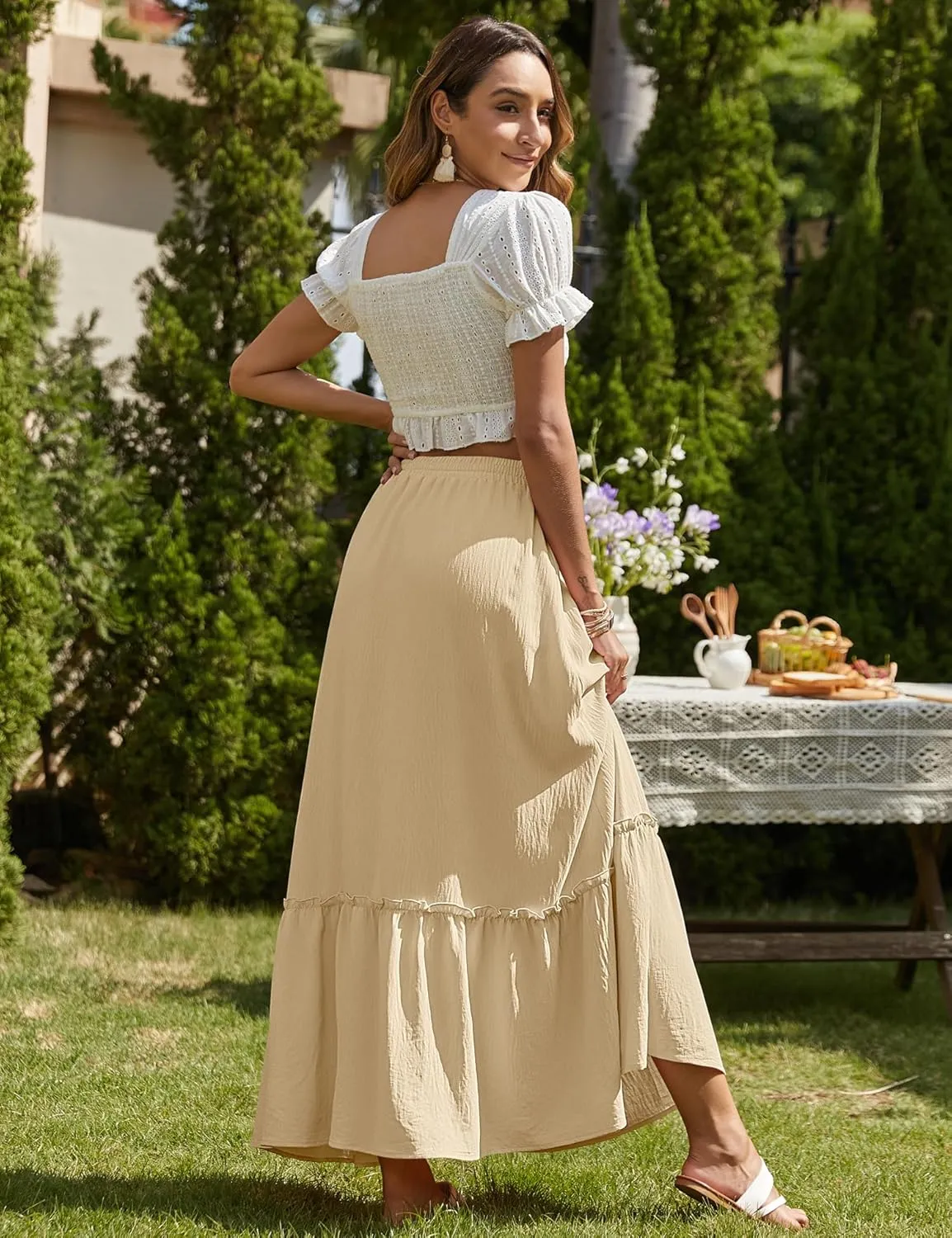 Bluetime Women Flowy Long Skirt Summer Pleated Elastic High Waisted Casual Tiered Maxi Skirt