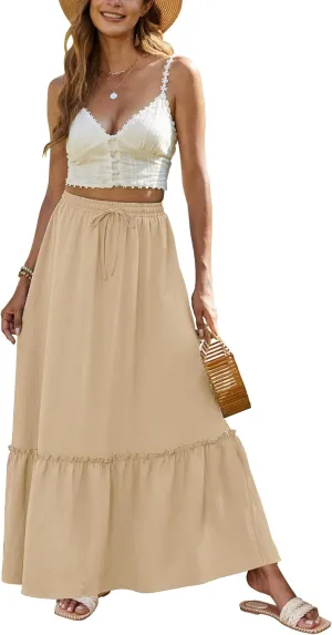 Bluetime Women Flowy Long Skirt Summer Pleated Elastic High Waisted Casual Tiered Maxi Skirt