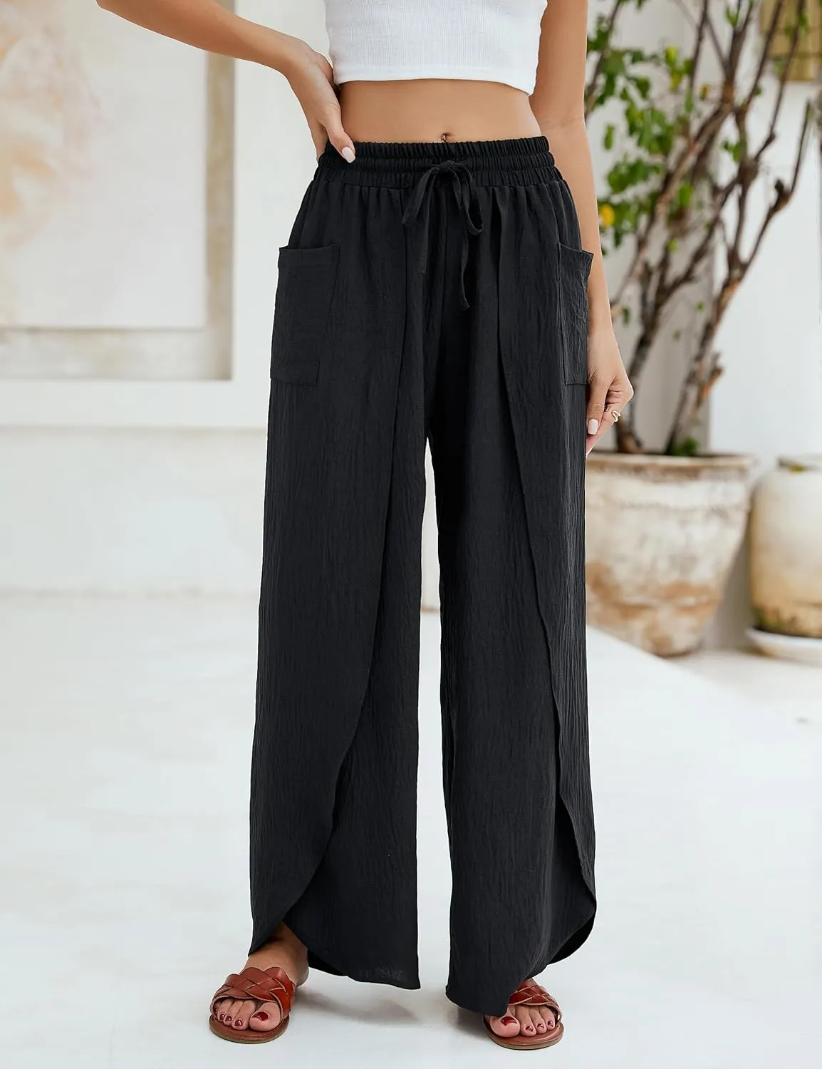 BMJL Womens Wide Leg Summer Pants Flowy Side Split Palazzo Beach Pants Boho High Waisted Trousers