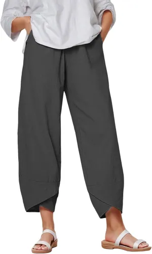 Capri Pants for Women Plus Size Linen Pants Wide Leg with Pockets Drawstring Casual Flowy Palazzo Linen Pants Women