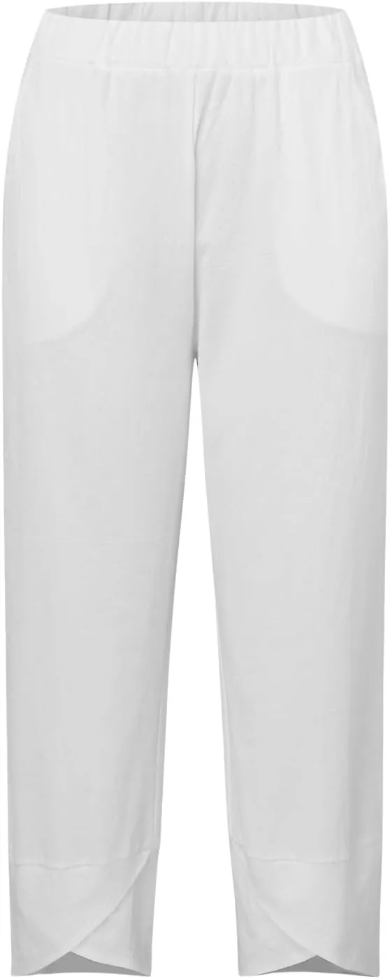 Capri Pants for Women Plus Size Linen Pants Wide Leg with Pockets Drawstring Casual Flowy Palazzo Linen Pants Women