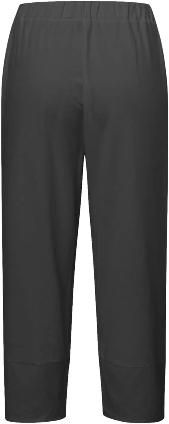 Capri Pants for Women Plus Size Linen Pants Wide Leg with Pockets Drawstring Casual Flowy Palazzo Linen Pants Women