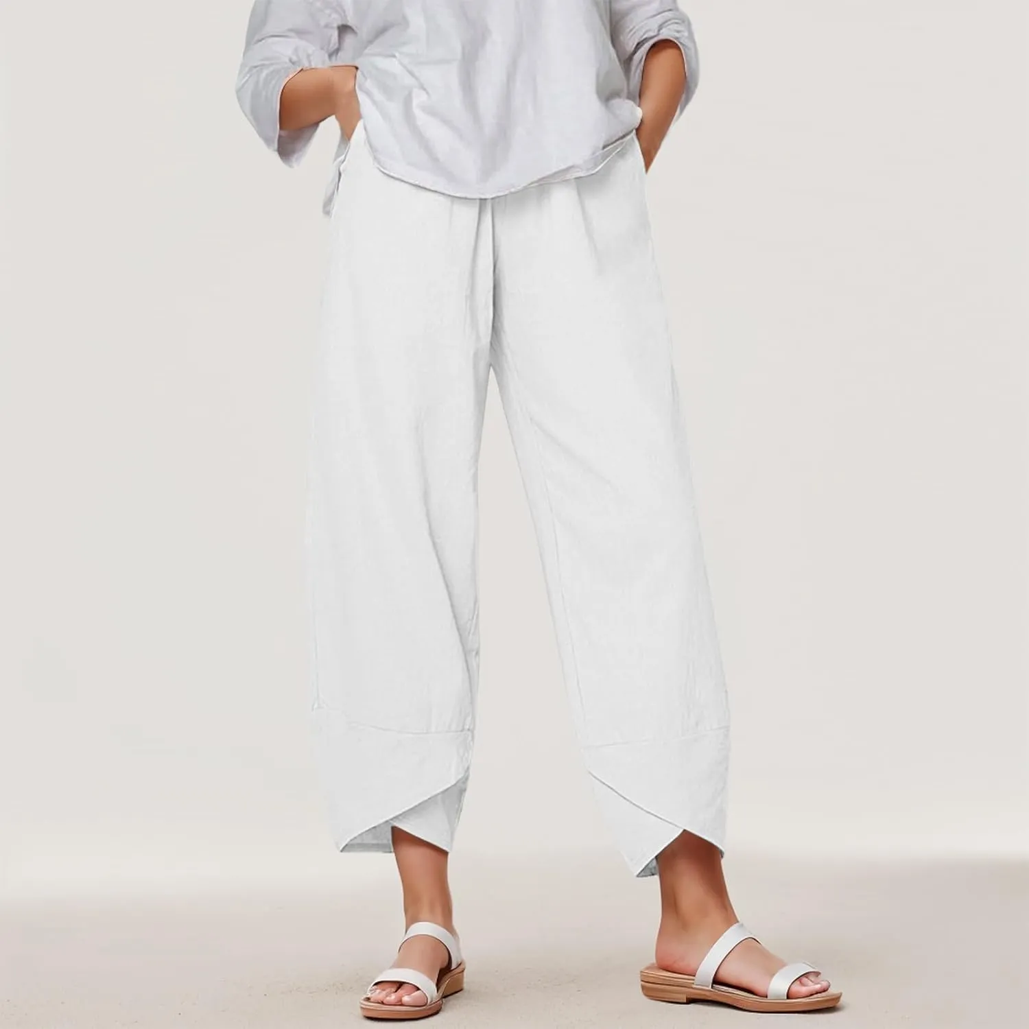 Capri Pants for Women Plus Size Linen Pants Wide Leg with Pockets Drawstring Casual Flowy Palazzo Linen Pants Women