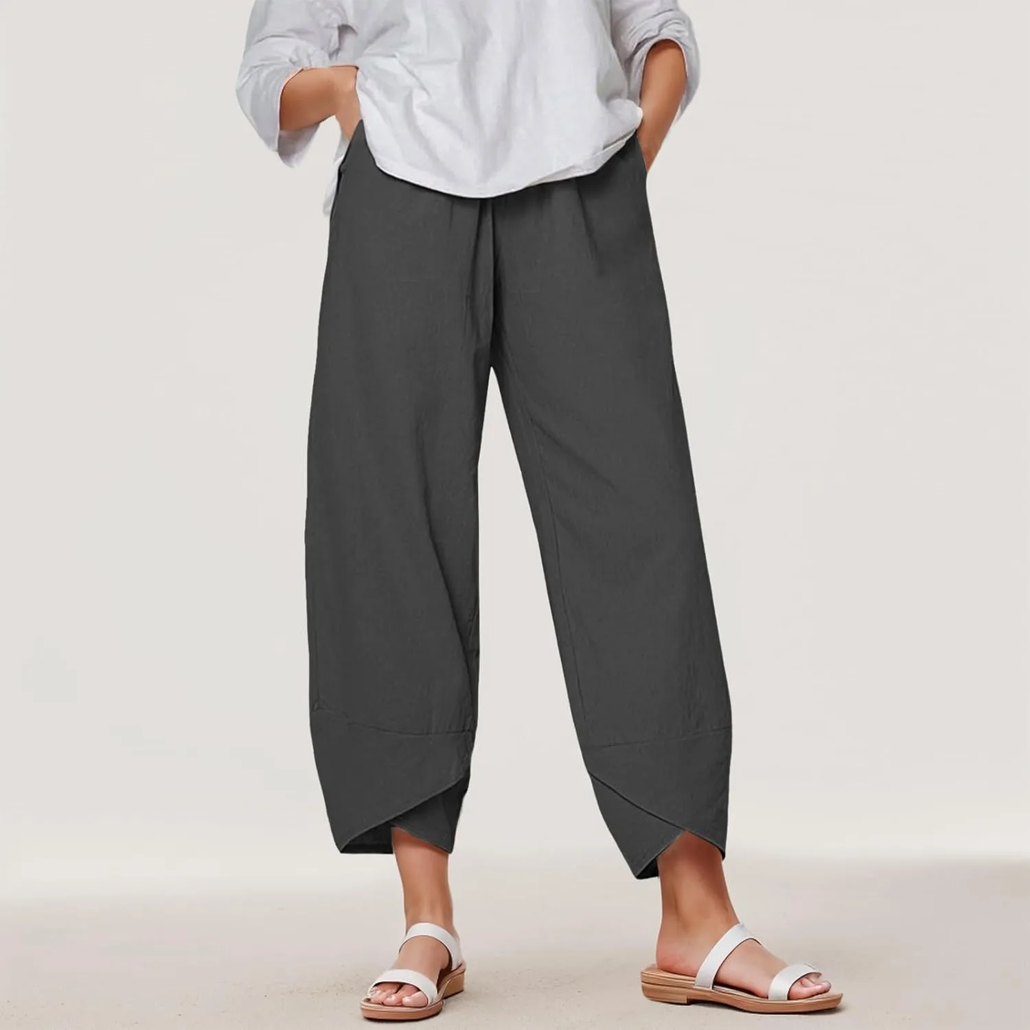 Capri Pants for Women Plus Size Linen Pants Wide Leg with Pockets Drawstring Casual Flowy Palazzo Linen Pants Women