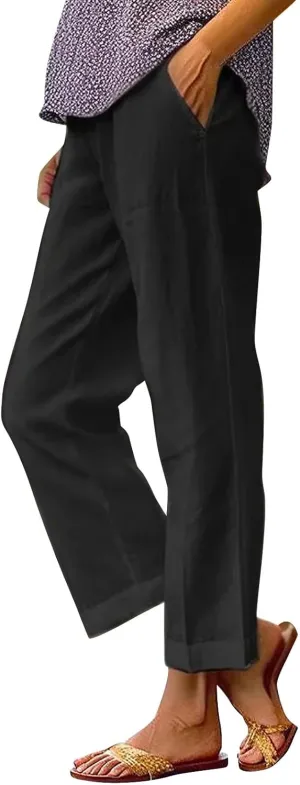 Capri Pants for Women Solid Elastic Pants Long Drawstring Linen Women Waist Flowy Wide Leg Beach Trousers with Pockets
