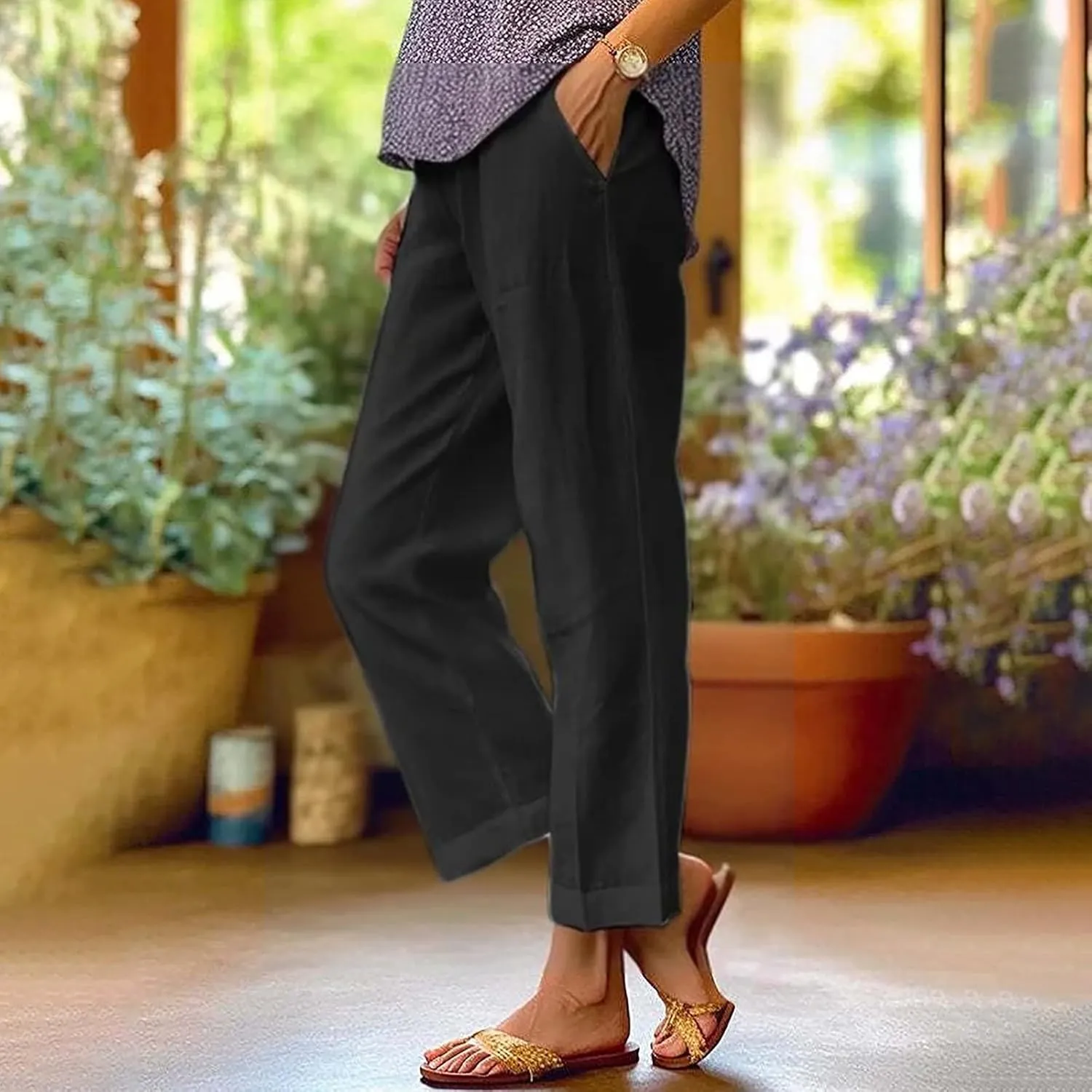 Capri Pants for Women Solid Elastic Pants Long Drawstring Linen Women Waist Flowy Wide Leg Beach Trousers with Pockets