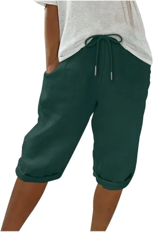 Capris Pants for Women Pants Ladies Loose Drawstring Casual Solid Color Shorts Beach Clothes Linen Pants Women
