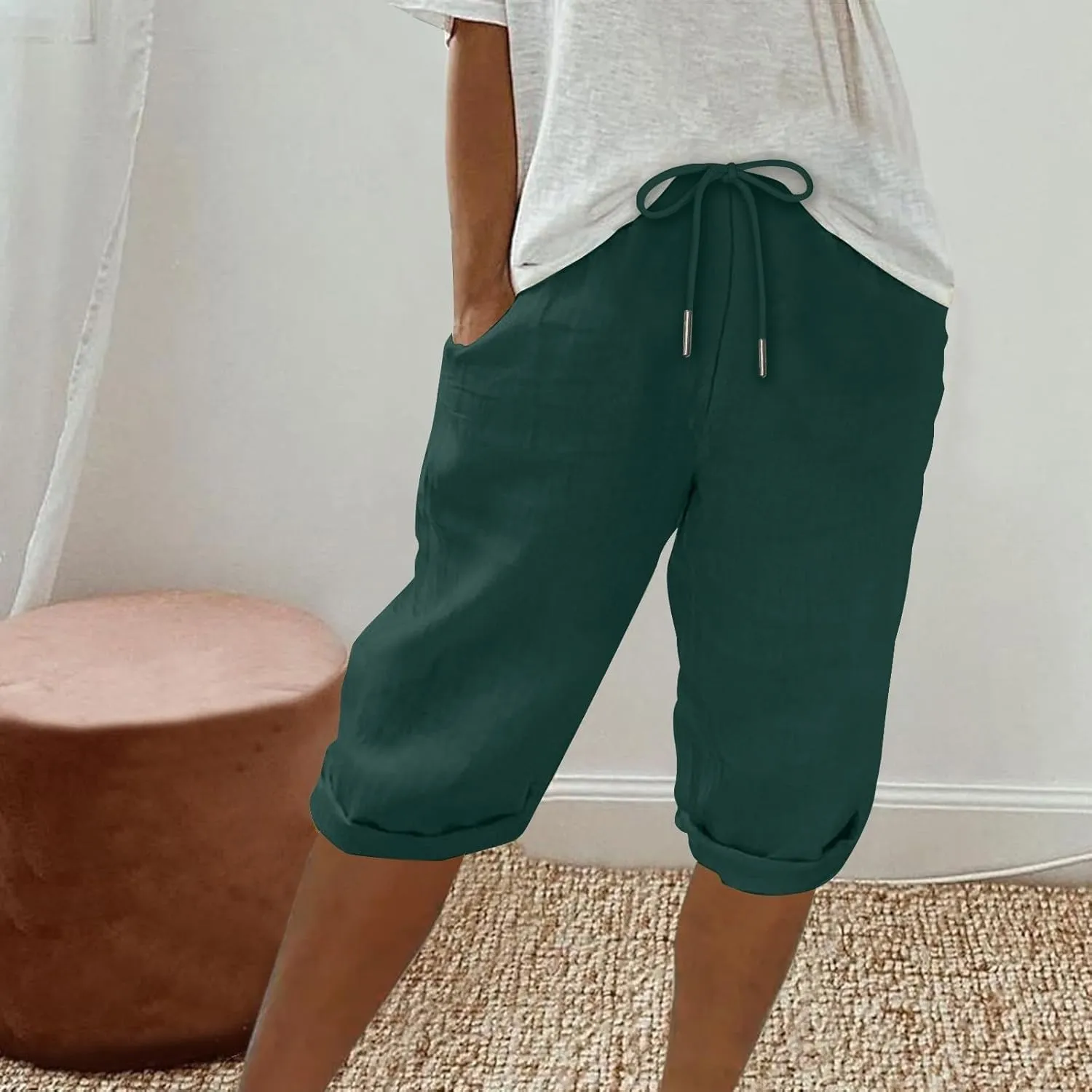Capris Pants for Women Pants Ladies Loose Drawstring Casual Solid Color Shorts Beach Clothes Linen Pants Women