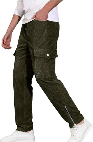 Cargo Pants for Men Trendy Solid Color Corduroy Pants Elastic Waist Drawstring Hiking Pants Classic-Fit Outdoors Pants