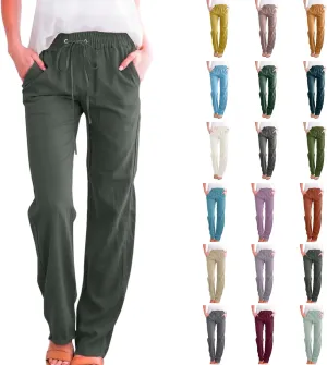 Casual Cotton Linen Pants Women High Waist Drawstring 2025 Summer Loose Lightweight Solid Lounge Long Trousers