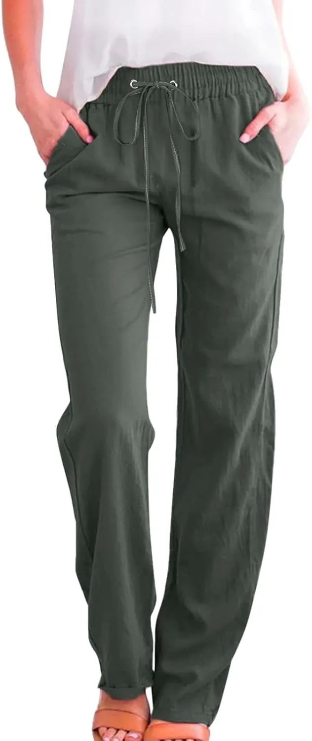 Casual Cotton Linen Pants Women High Waist Drawstring 2025 Summer Loose Lightweight Solid Lounge Long Trousers
