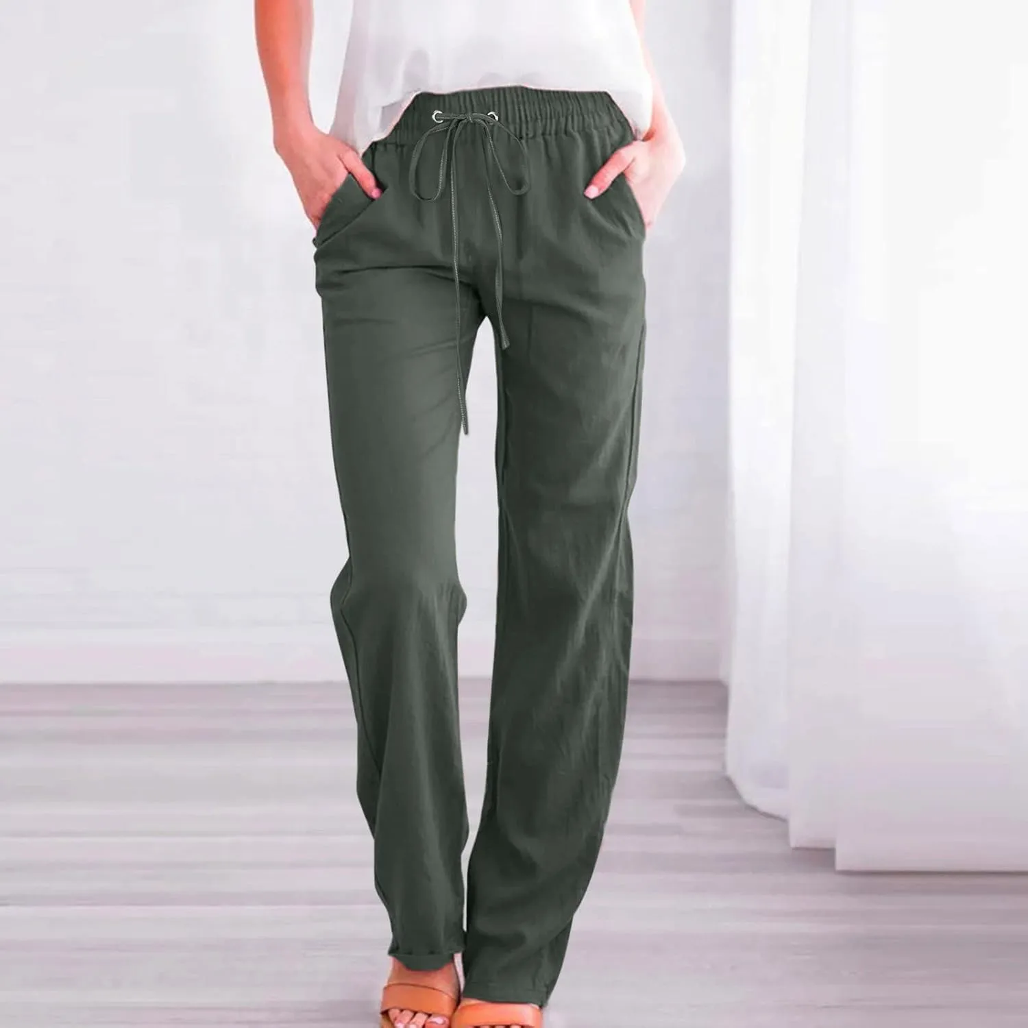 Casual Cotton Linen Pants Women High Waist Drawstring 2025 Summer Loose Lightweight Solid Lounge Long Trousers