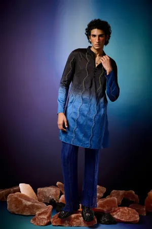 Cerulean Ombre Beaded Kurta Set & Knitted Mesh Overlay
