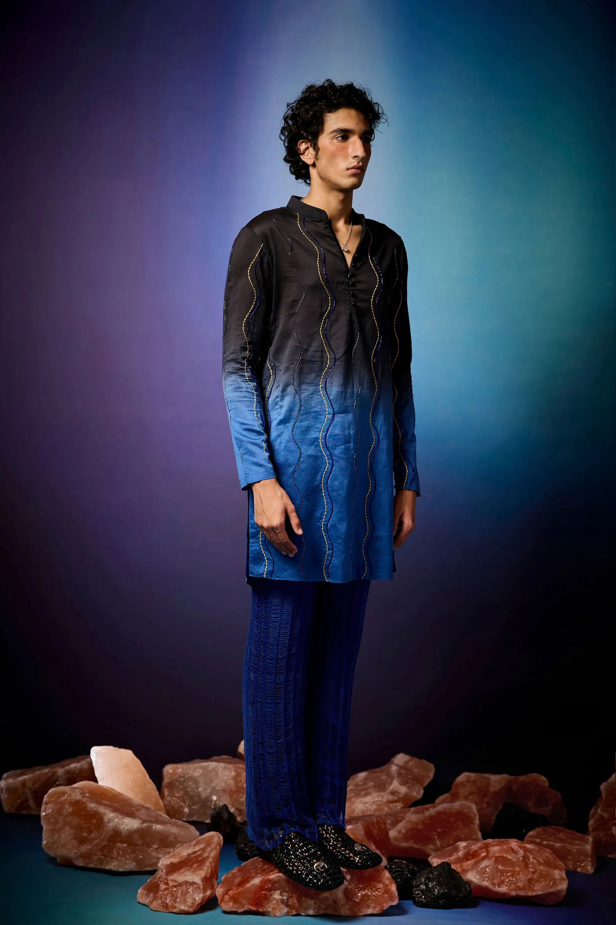 Cerulean Ombre Beaded Kurta Set & Knitted Mesh Overlay