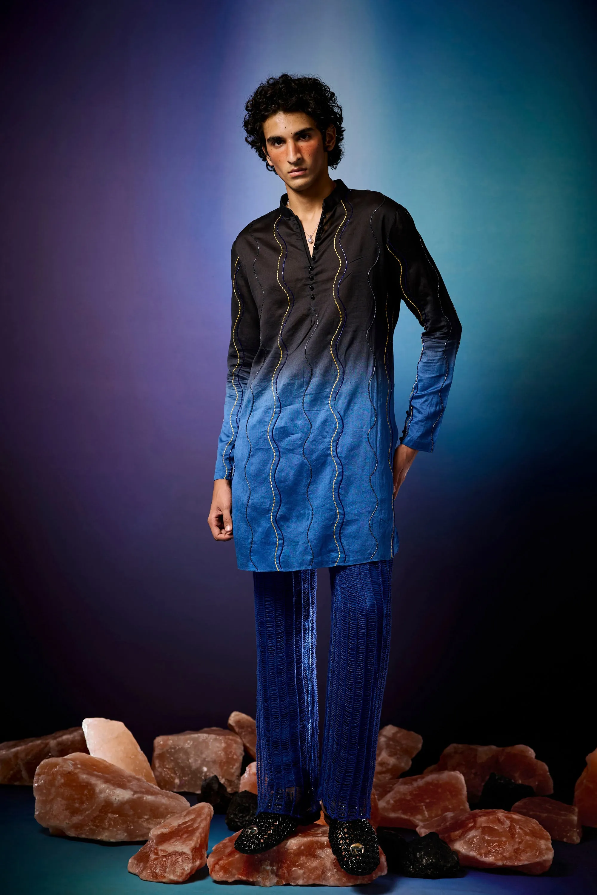 Cerulean Ombre Beaded Kurta Set & Knitted Mesh Overlay