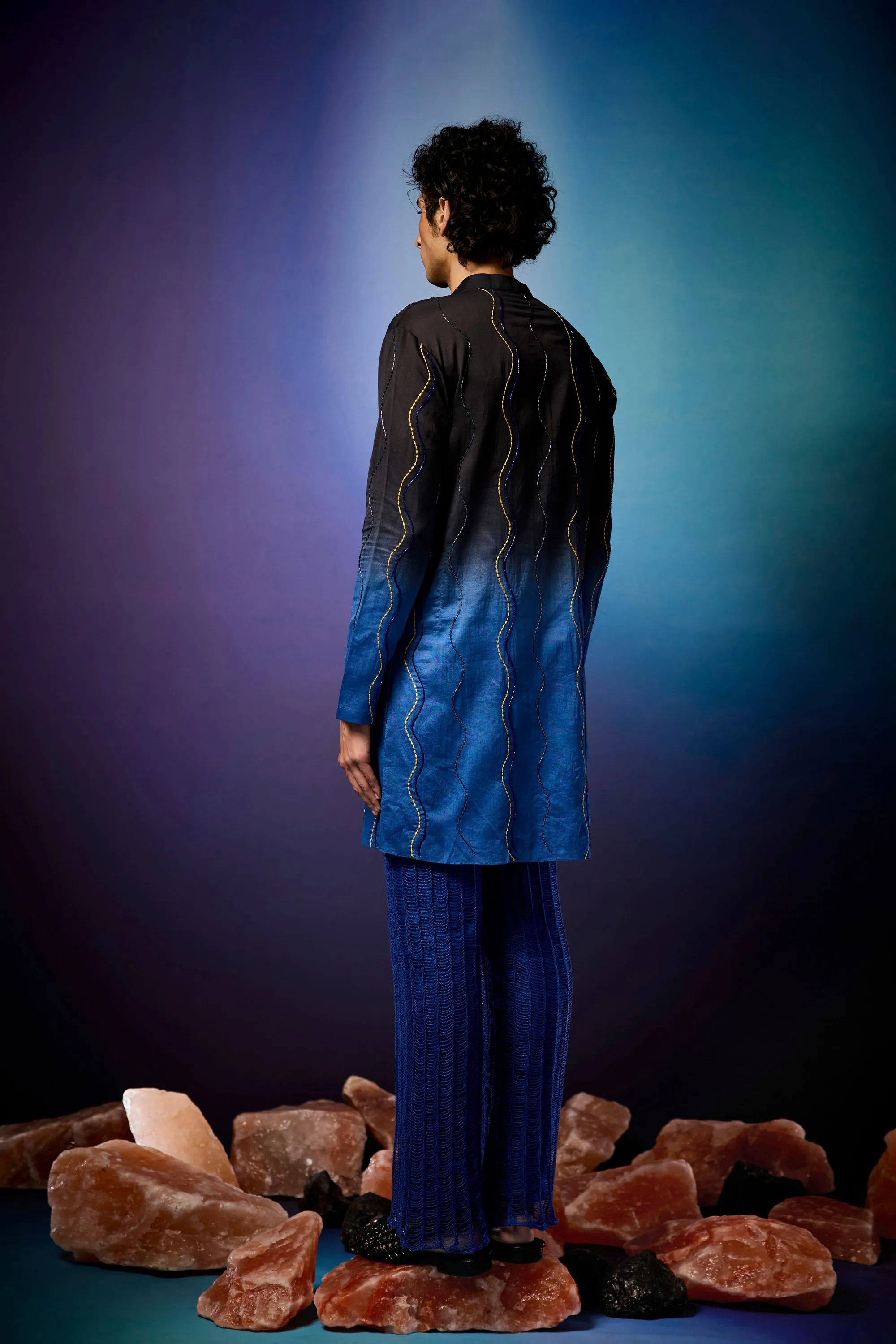 Cerulean Ombre Beaded Kurta Set & Knitted Mesh Overlay
