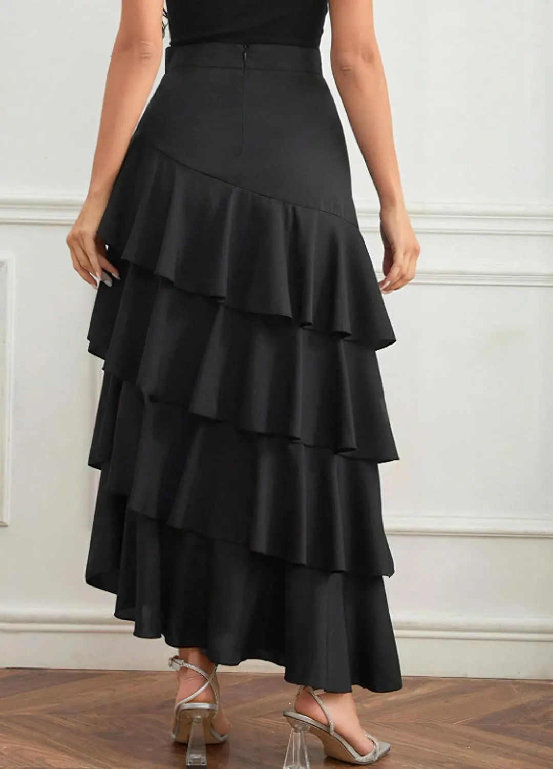 chouyatou Women's Elegant Irregular Ruffle Hem Skirt Party Tiered Layered Maxi Long Skirt