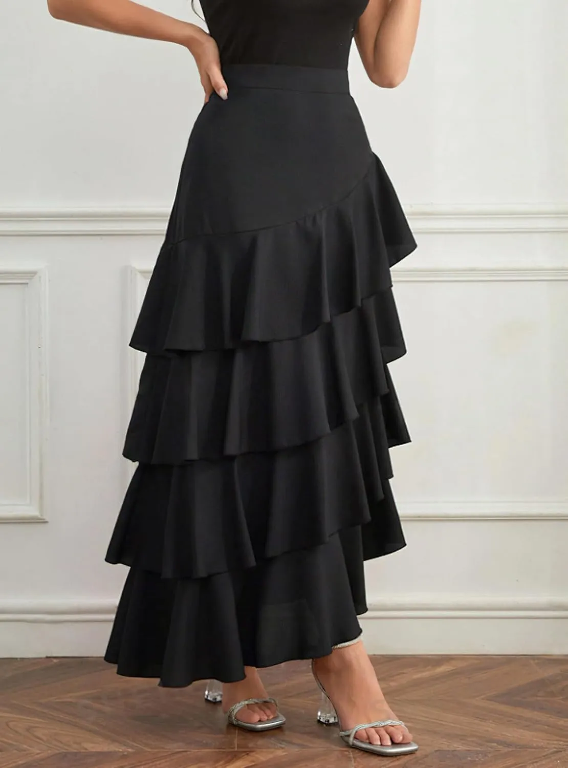 chouyatou Women's Elegant Irregular Ruffle Hem Skirt Party Tiered Layered Maxi Long Skirt