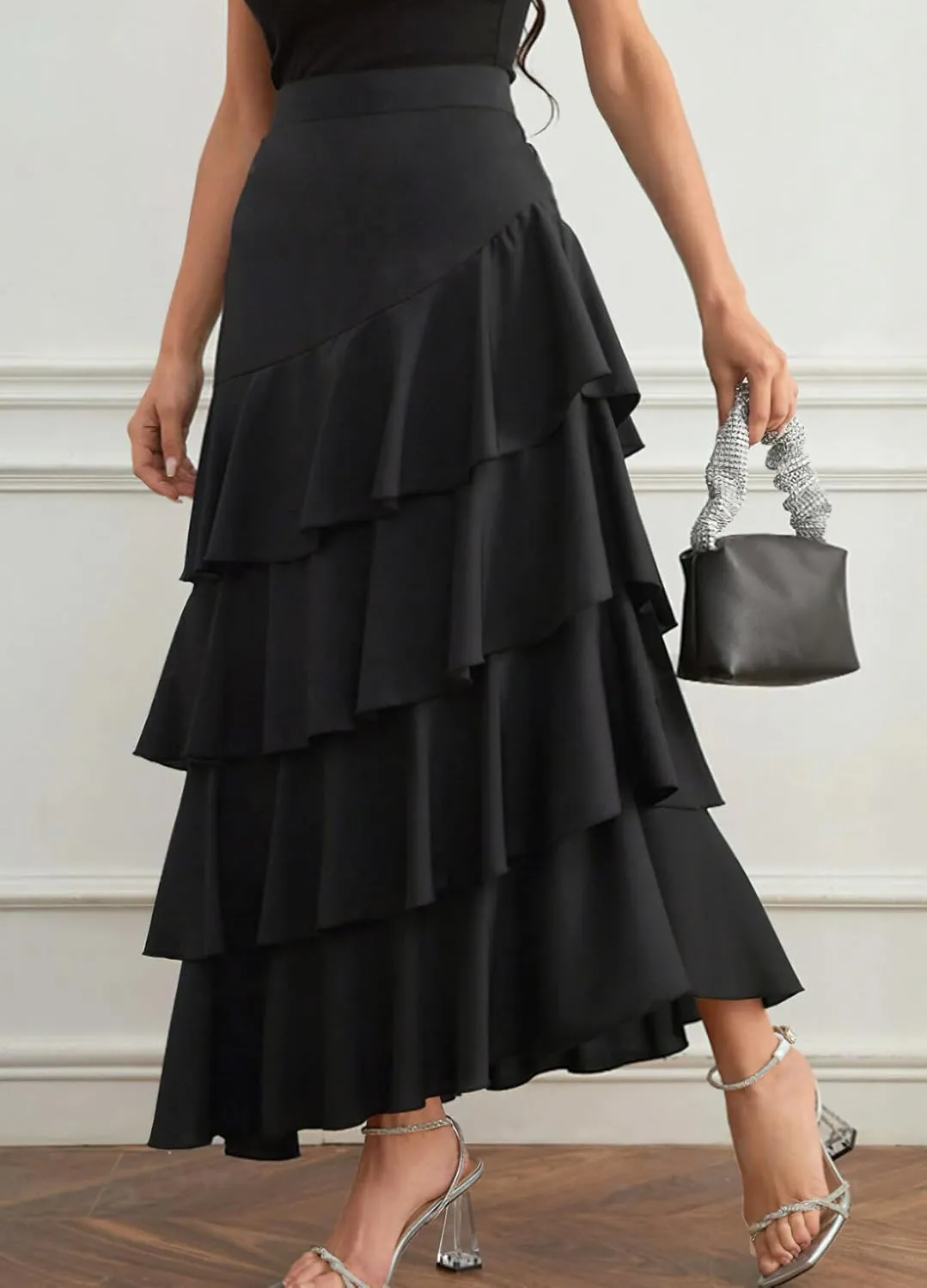 chouyatou Women's Elegant Irregular Ruffle Hem Skirt Party Tiered Layered Maxi Long Skirt