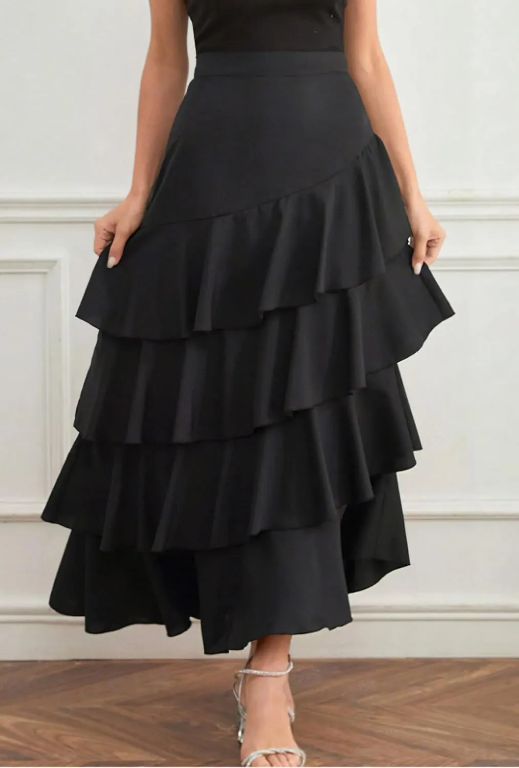 chouyatou Women's Elegant Irregular Ruffle Hem Skirt Party Tiered Layered Maxi Long Skirt