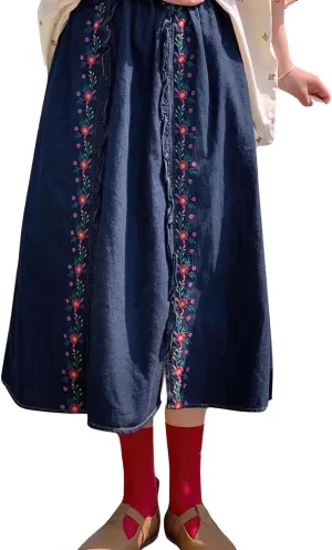 chouyatou Women's Floral Embroidered Elastic Waist Jean Skirt A Line Flared Denim Midi Skirt with Pockets