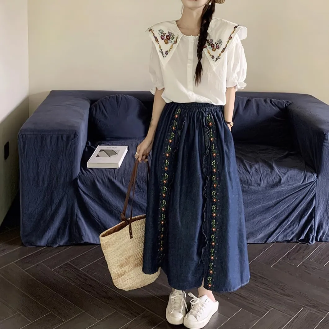 chouyatou Women's Floral Embroidered Elastic Waist Jean Skirt A Line Flared Denim Midi Skirt with Pockets