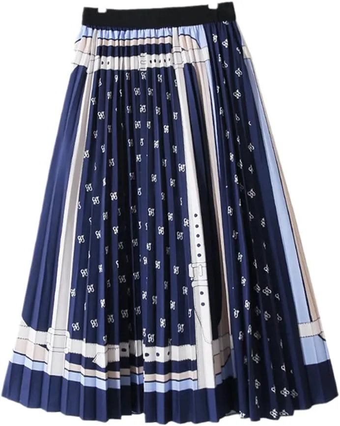 Colorful Dots Striped Summer Midi Long Pleated Skirt Women Korean Style Mid-Length High Waist A Line Skirt Female