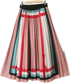 Colorful Dots Striped Summer Midi Long Pleated Skirt Women Korean Style Mid-Length High Waist A Line Skirt Female