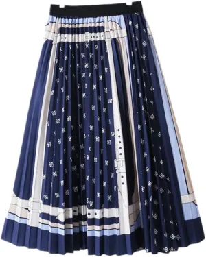 Colorful Dots Striped Summer Midi Long Pleated Skirt Women Korean Style Mid-Length High Waist A Line Skirt Female