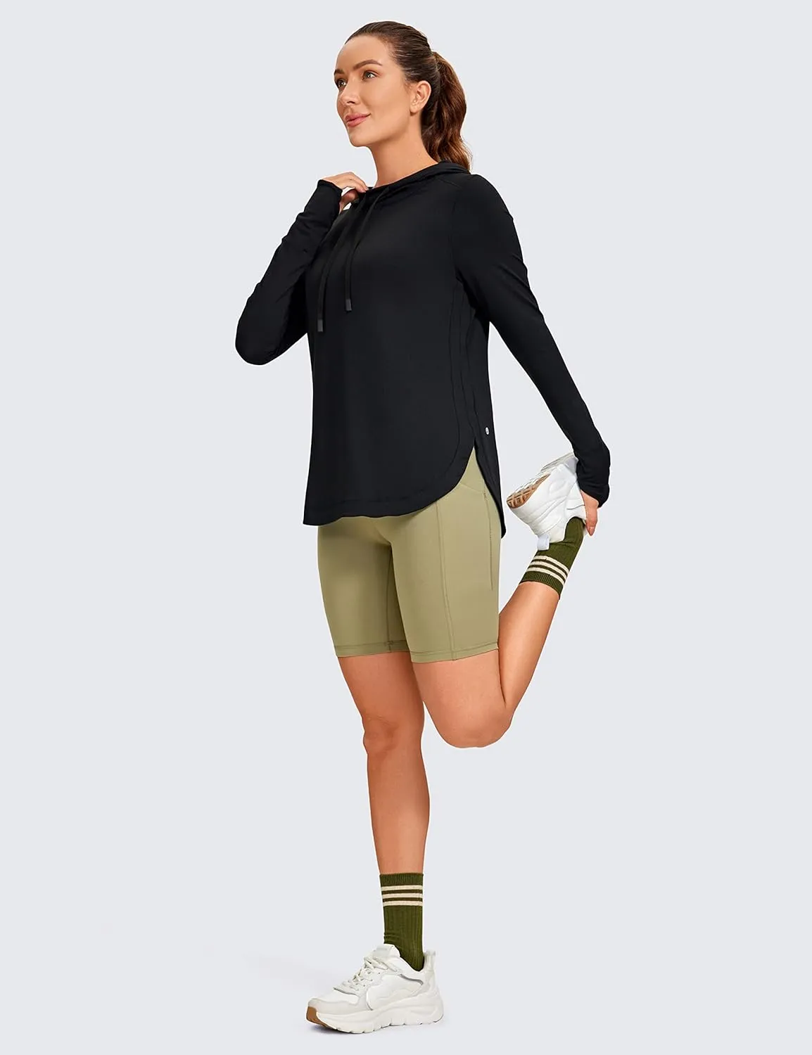 CRZ YOGA Workout Long Sleeve Shirt for Women Hoodie Pullover Athletic Hooded Sweatshirts Sports Gym Tops with Thumbhole