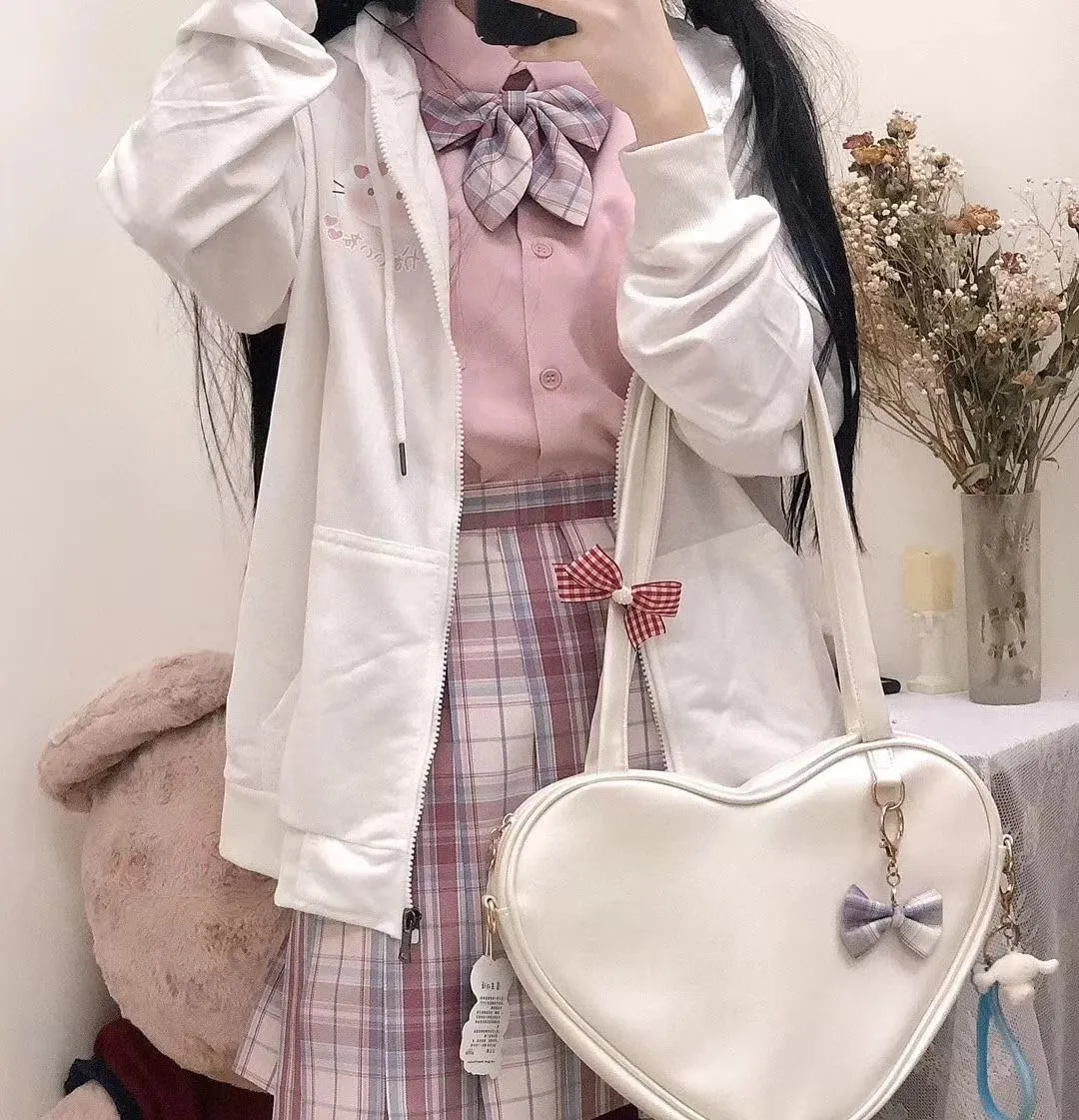 Cute Oversized Zip Up Hoodie for Women Japanese Kawaii Cartoon Cat Sweatshirts Preppy Aesthetic Pockets Cotton Tops