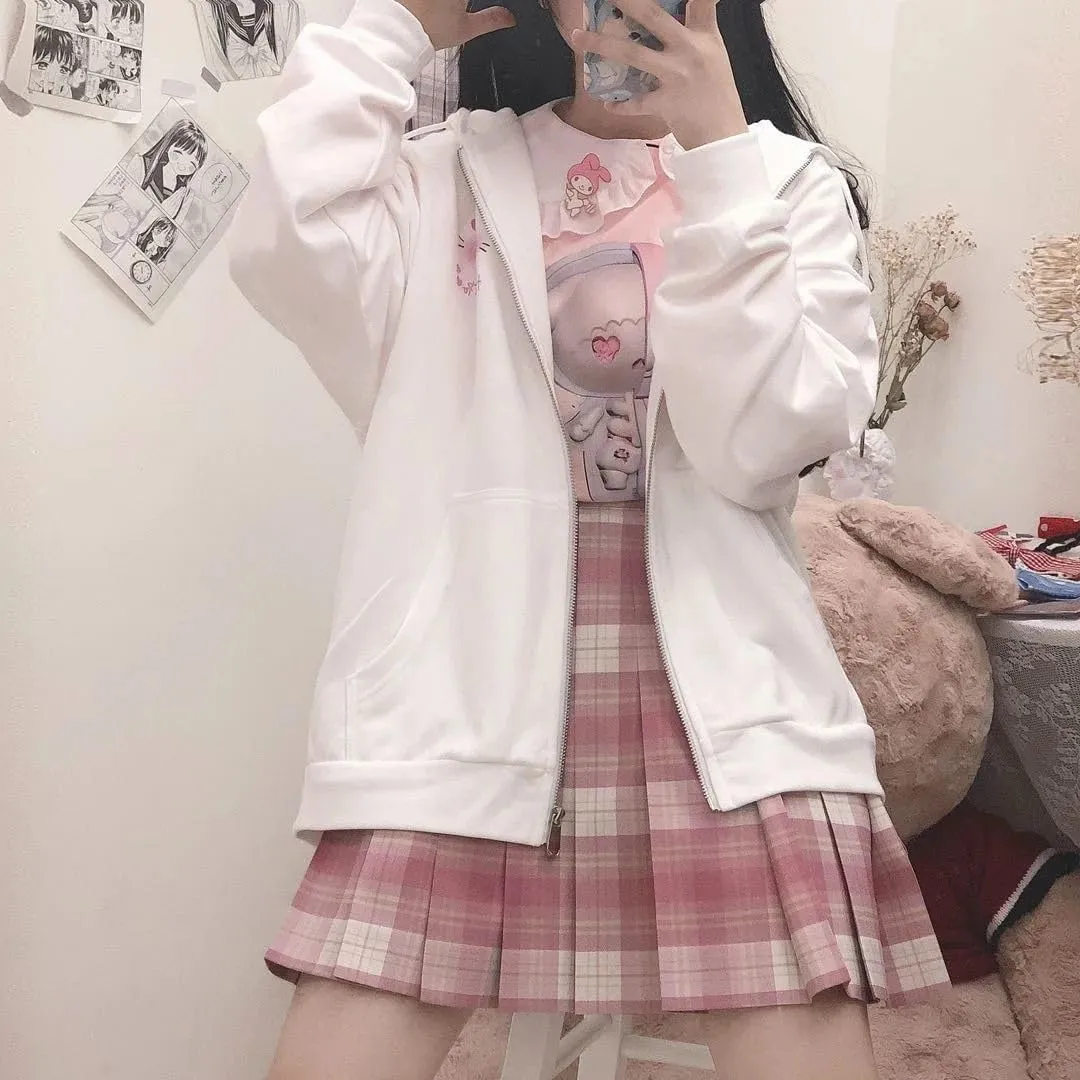 Cute Oversized Zip Up Hoodie for Women Japanese Kawaii Cartoon Cat Sweatshirts Preppy Aesthetic Pockets Cotton Tops