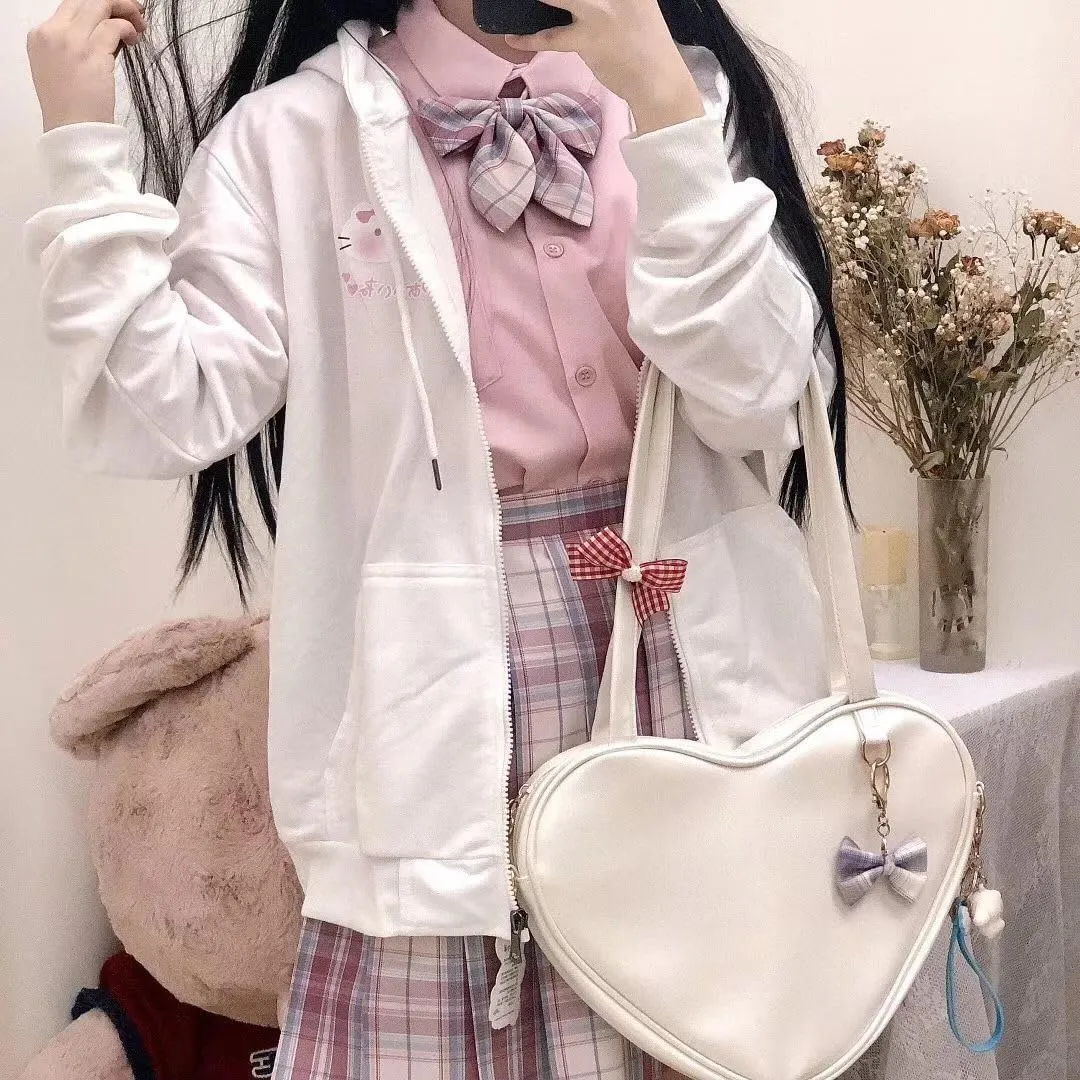 Cute Oversized Zip Up Hoodie for Women Japanese Kawaii Cartoon Cat Sweatshirts Preppy Aesthetic Pockets Cotton Tops