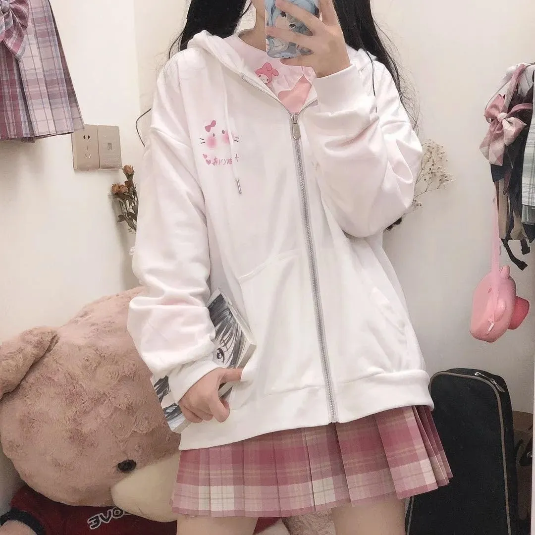 Cute Oversized Zip Up Hoodie for Women Japanese Kawaii Cartoon Cat Sweatshirts Preppy Aesthetic Pockets Cotton Tops