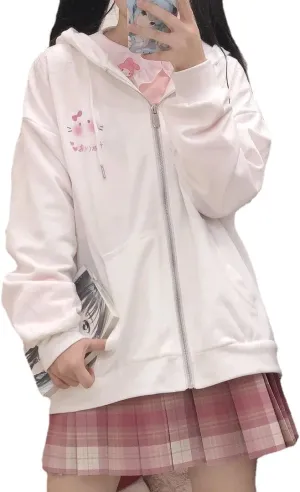 Cute Oversized Zip Up Hoodie for Women Japanese Kawaii Cartoon Cat Sweatshirts Preppy Aesthetic Pockets Cotton Tops